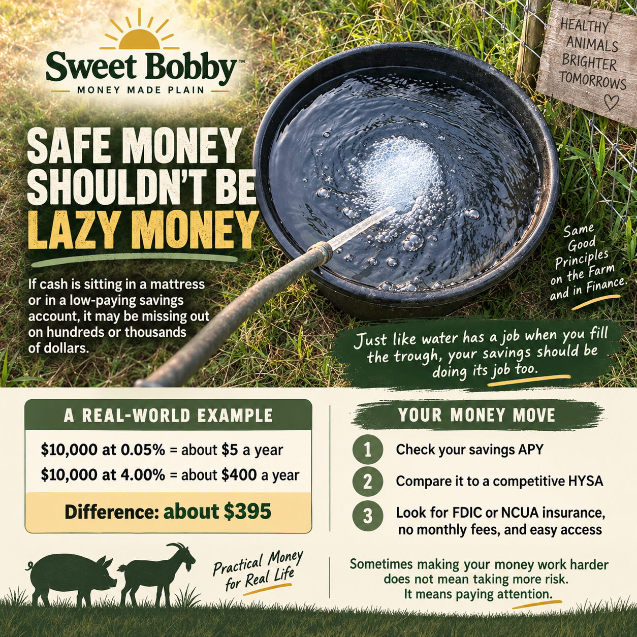 Sweet Bobby graphic showing a farm water trough and savings-rate example